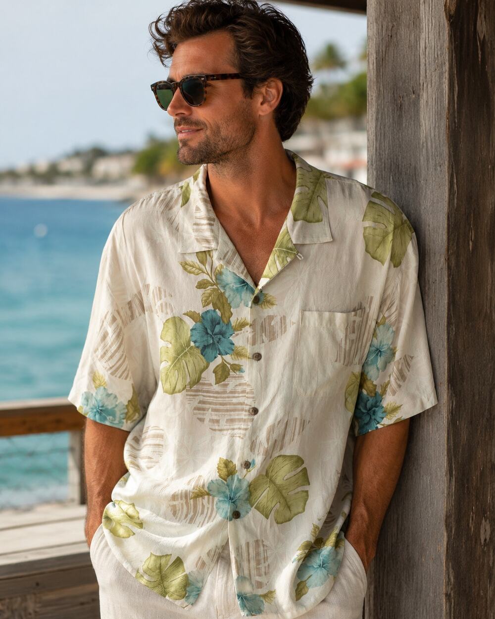 Tommy Bahama Tropical Silk Camp Shirt Mens Large Cream Lime Teal Button Hawaiian